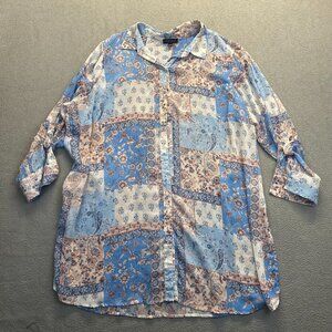 Tamara H. Woman's Blue Blouse Top Long Sleeve Sheer Shirt Size 2X Buttons Front